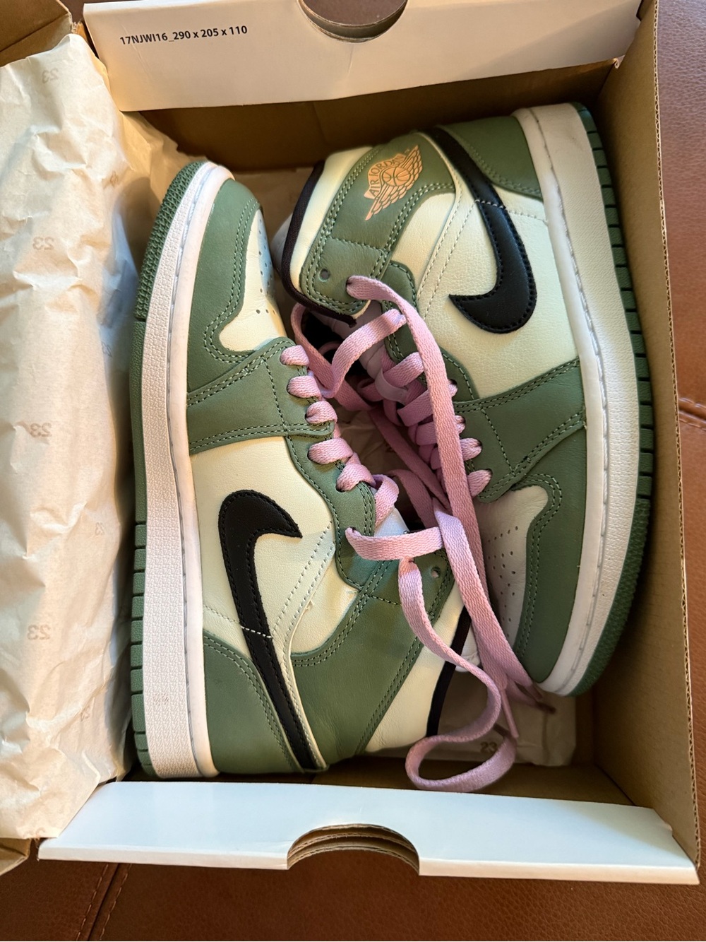 Womens Jordan Mid Sneakers in Olive Green, Black & Cream with Pink Laces